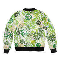 Green Aloha Hawaiian Bomber Jacket Monstera Hibiscus Tropical Pattern