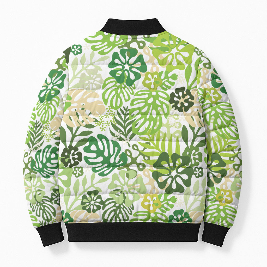 Green Aloha Hawaiian Bomber Puffer Jacket Monstera Hibiscus Tropical Pattern