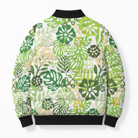 Green Aloha Hawaiian Bomber Puffer Jacket Monstera Hibiscus Tropical Pattern