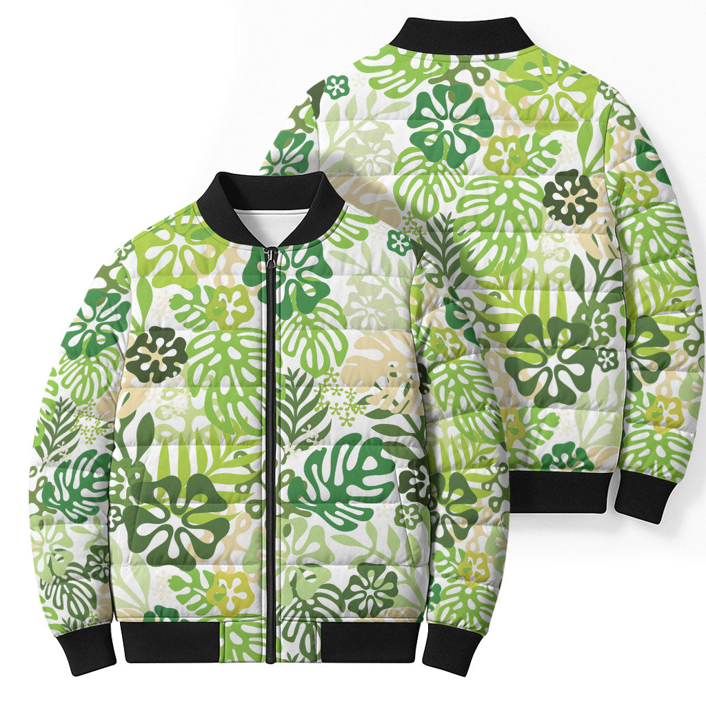 Green Aloha Hawaiian Bomber Puffer Jacket Monstera Hibiscus Tropical Pattern
