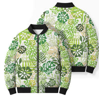 Green Aloha Hawaiian Bomber Puffer Jacket Monstera Hibiscus Tropical Pattern