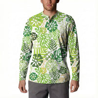 Green Aloha Hawaiian Button Sweatshirt Monstera Hibiscus Tropical Pattern