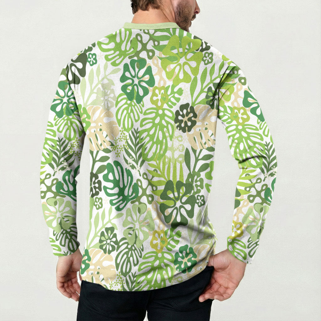 Green Aloha Hawaiian Button Sweatshirt Monstera Hibiscus Tropical Pattern