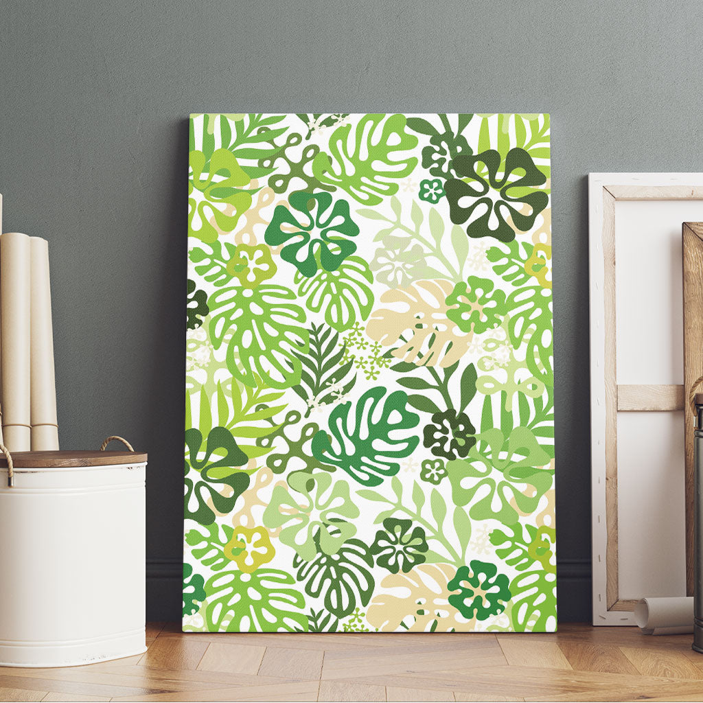Green Aloha Hawaiian Canvas Wall Art Monstera Hibiscus Tropical Pattern