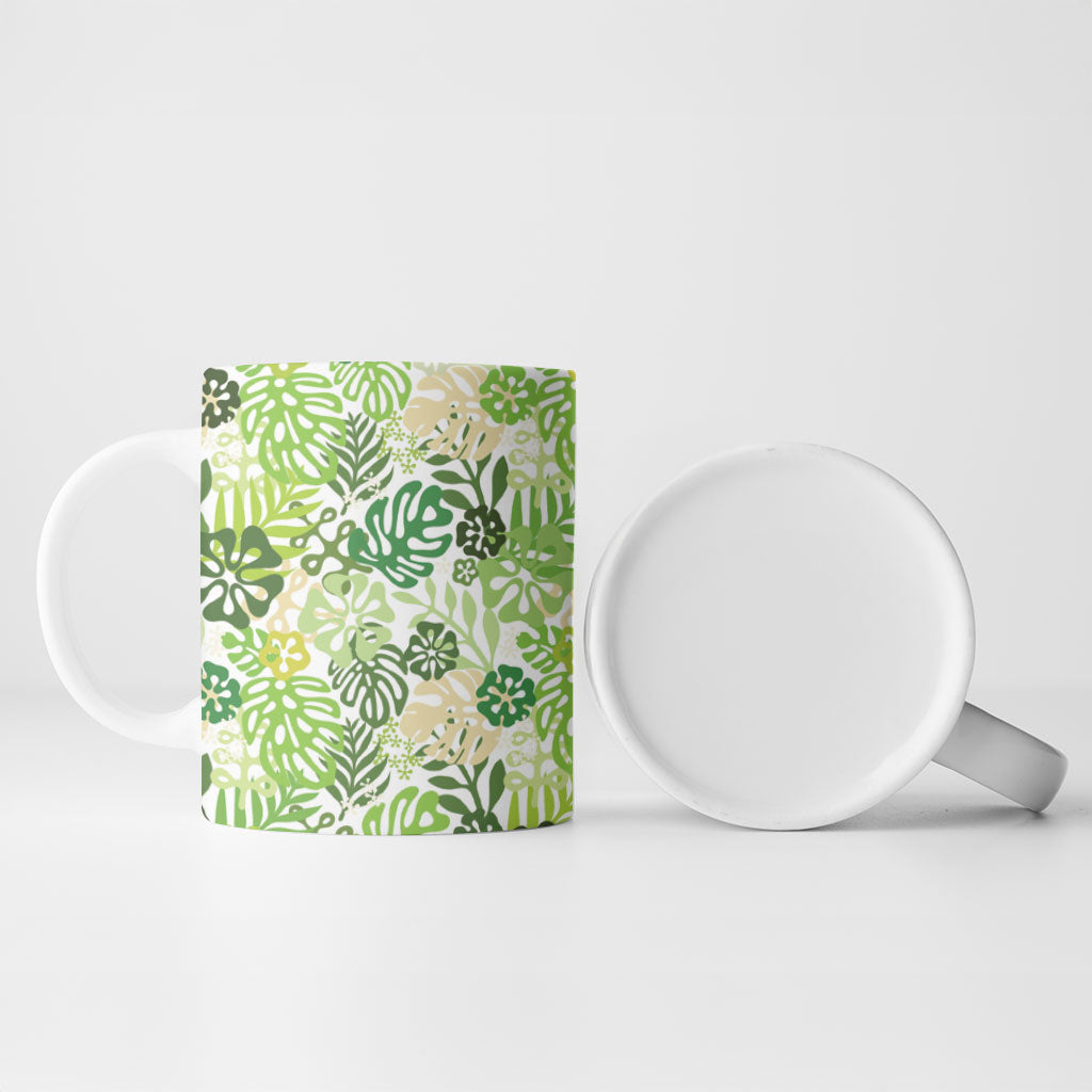 Green Aloha Hawaiian Ceramic Mug Monstera Hibiscus Tropical Pattern