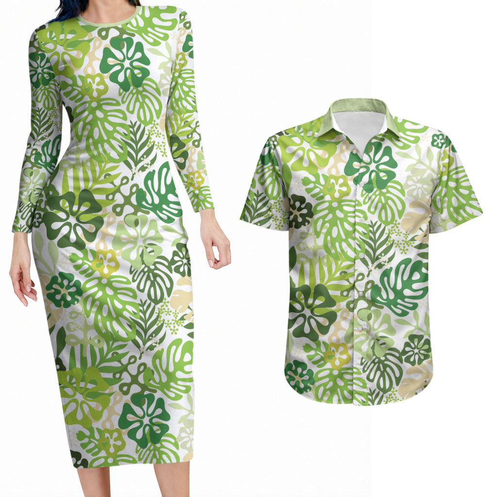 Green Aloha Hawaiian Couples Matching Long Sleeve Bodycon Dress and Hawaiian Shirt Monstera Hibiscus Tropical Pattern