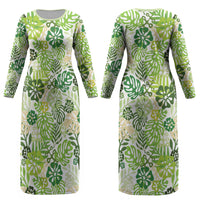 Green Aloha Hawaiian Couples Matching Long Sleeve Bodycon Dress and Hawaiian Shirt Monstera Hibiscus Tropical Pattern