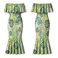 Green Aloha Hawaiian Couples Matching Mermaid Dress and Long Sleeve Button Shirt Monstera Hibiscus Tropical Pattern