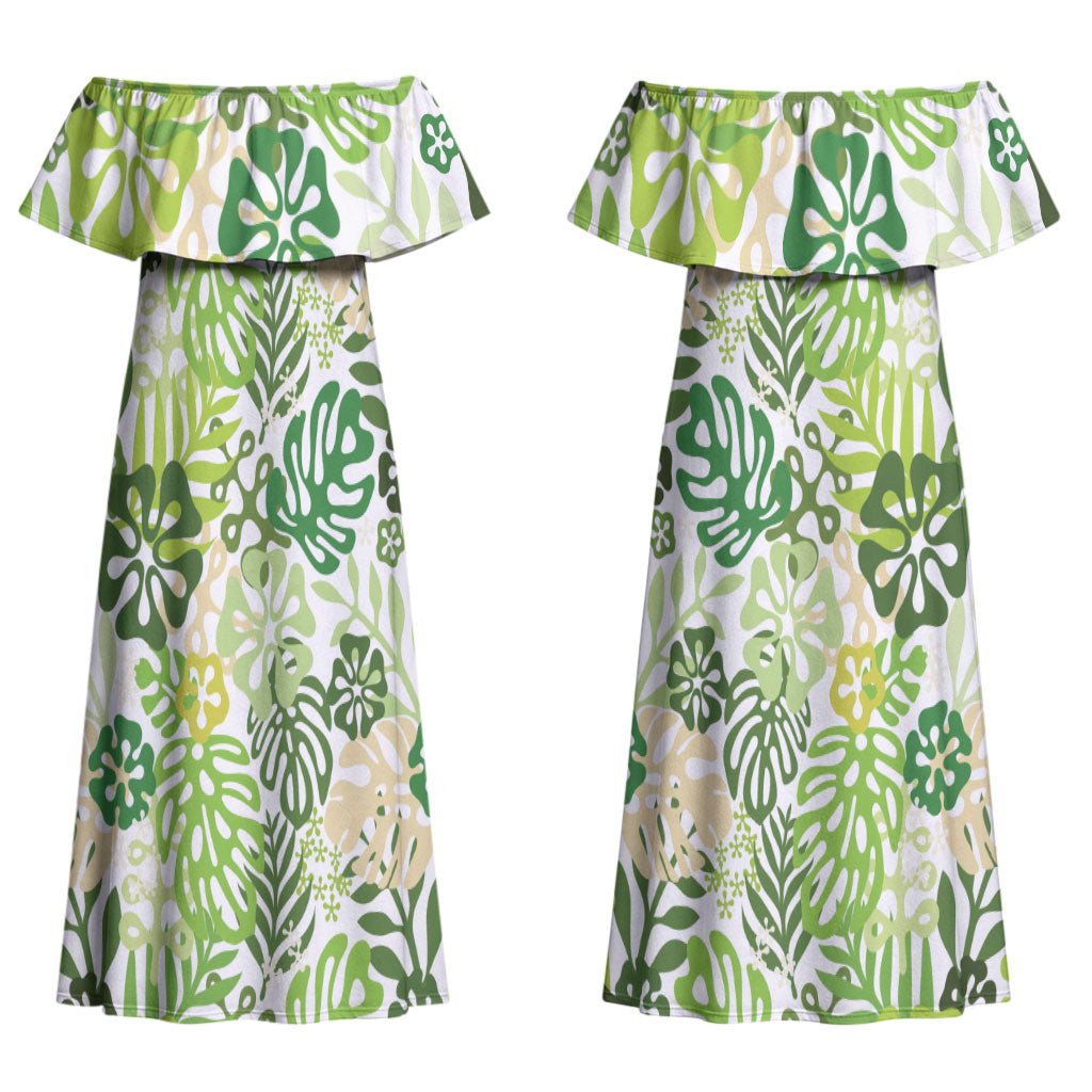 Green Aloha Hawaiian Couples Matching Off Shoulder Maxi Dress and Hawaiian Shirt Monstera Hibiscus Tropical Pattern