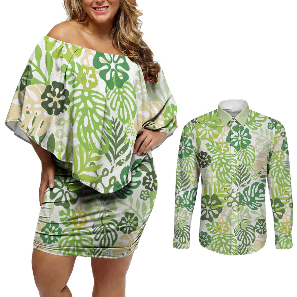 Green Aloha Hawaiian Couples Matching Off Shoulder Short Dress and Long Sleeve Button Shirt Monstera Hibiscus Tropical Pattern