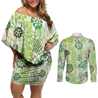 Green Aloha Hawaiian Couples Matching Off Shoulder Short Dress and Long Sleeve Button Shirt Monstera Hibiscus Tropical Pattern