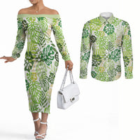Green Aloha Hawaiian Couples Matching Off The Shoulder Long Sleeve Dress and Long Sleeve Button Shirt Monstera Hibiscus Tropical Pattern