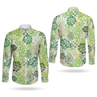 Green Aloha Hawaiian Couples Matching Off The Shoulder Long Sleeve Dress and Long Sleeve Button Shirt Monstera Hibiscus Tropical Pattern