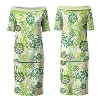 Green Aloha Hawaiian Couples Matching Puletasi and Long Sleeve Button Shirt Monstera Hibiscus Tropical Pattern