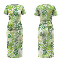 Green Aloha Hawaiian Couples Matching Short Sleeve Bodycon Dress and Hawaiian Shirt Monstera Hibiscus Tropical Pattern