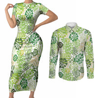 Green Aloha Hawaiian Couples Matching Short Sleeve Bodycon Dress and Long Sleeve Button Shirt Monstera Hibiscus Tropical Pattern