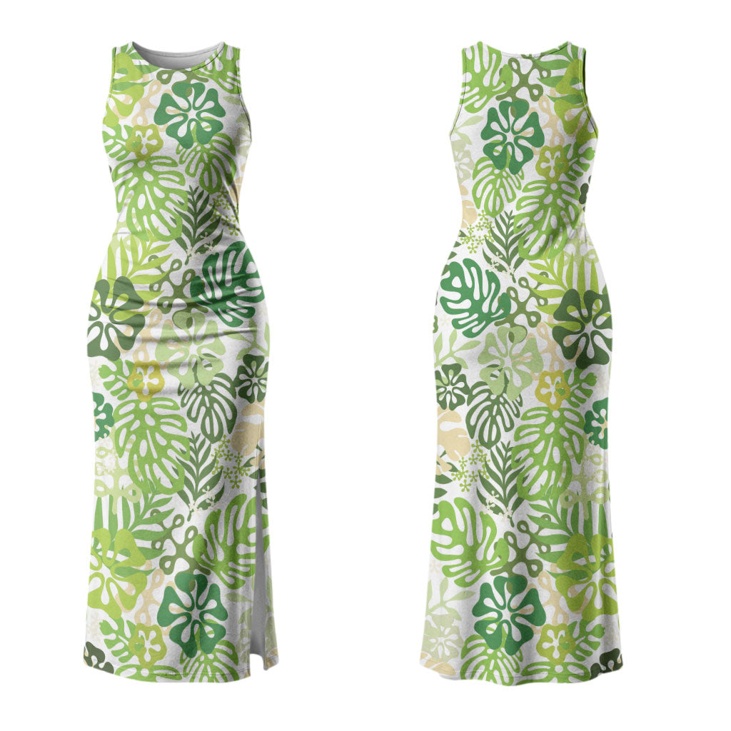 Green Aloha Hawaiian Couples Matching Tank Maxi Dress and Hawaiian Shirt Monstera Hibiscus Tropical Pattern