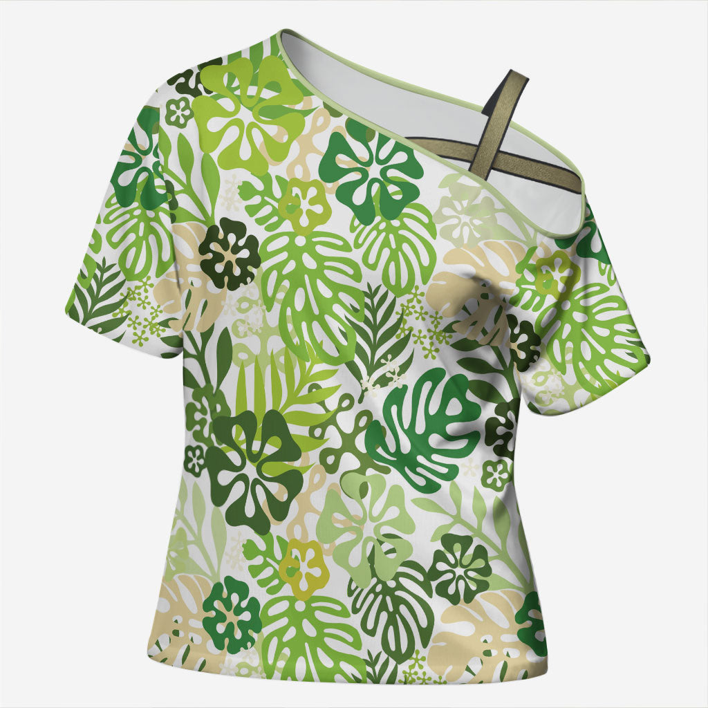 Green Aloha Hawaiian Cross Shoulder Shirt Monstera Hibiscus Tropical Pattern