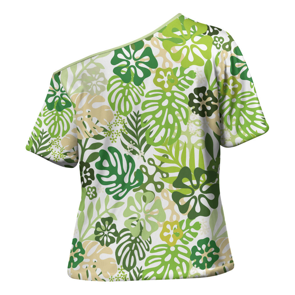 Green Aloha Hawaiian Cross Shoulder Shirt Monstera Hibiscus Tropical Pattern