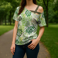 Green Aloha Hawaiian Cross Shoulder Shirt Monstera Hibiscus Tropical Pattern