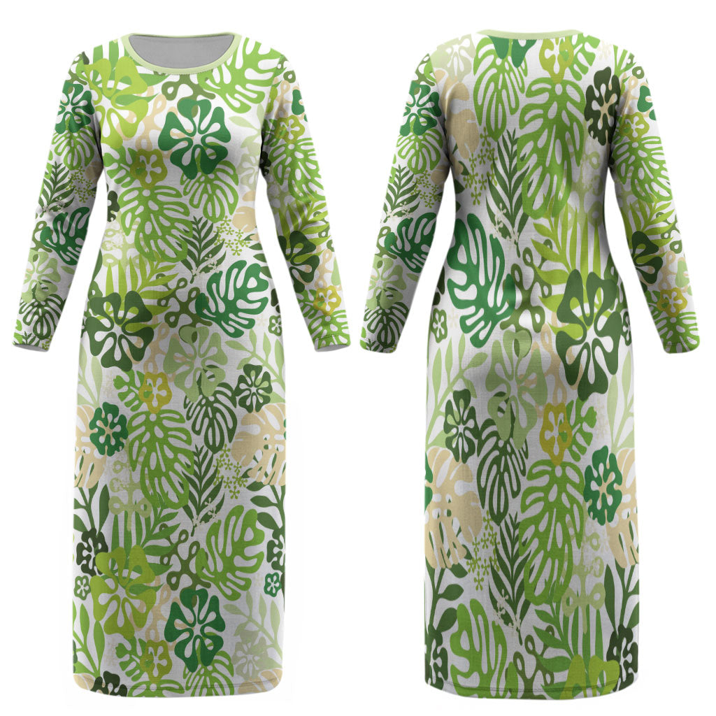 Green Aloha Hawaiian Family Matching Long Sleeve Bodycon Dress and Hawaiian Shirt Monstera Hibiscus Tropical Pattern