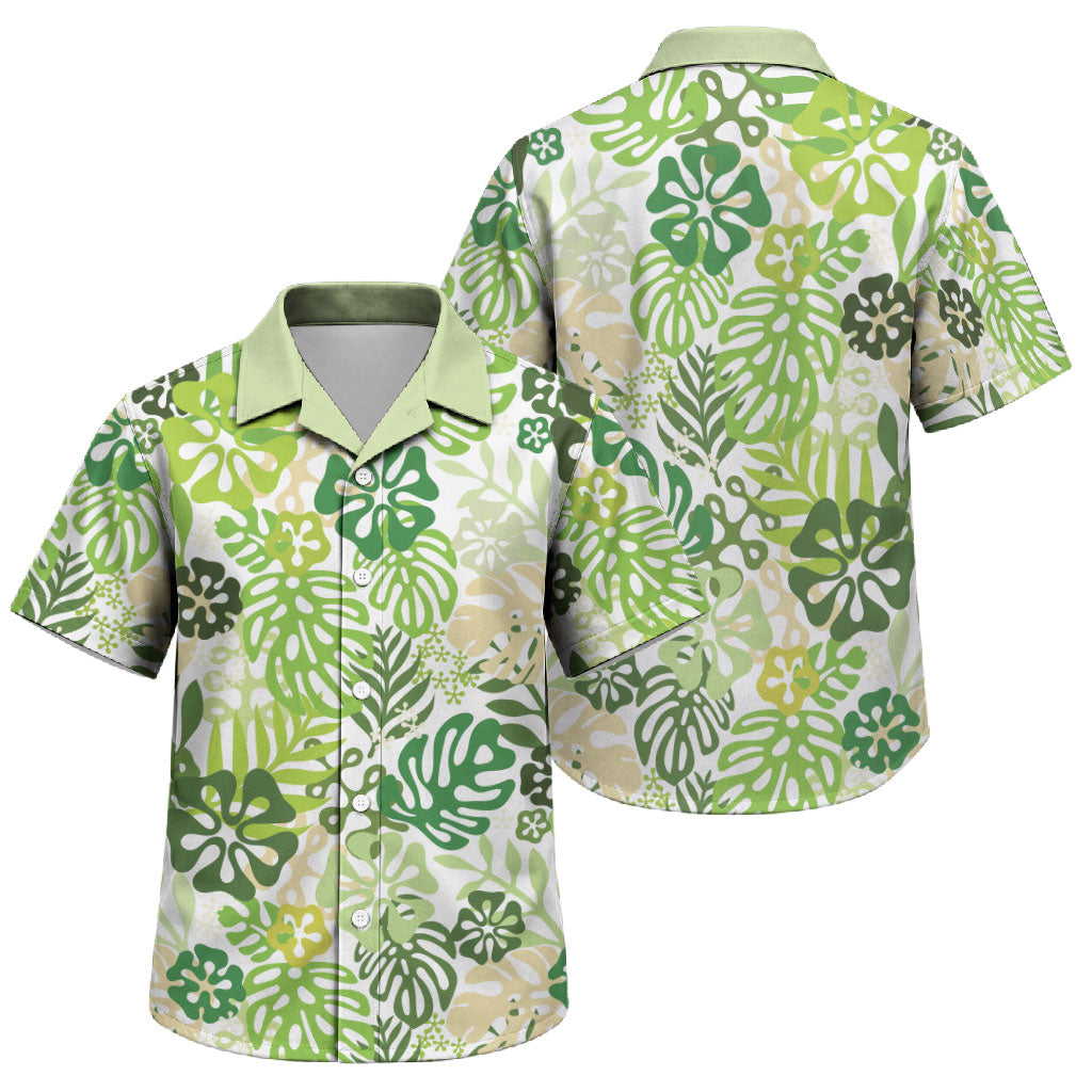 Green Aloha Hawaiian Family Matching Long Sleeve Bodycon Dress and Hawaiian Shirt Monstera Hibiscus Tropical Pattern