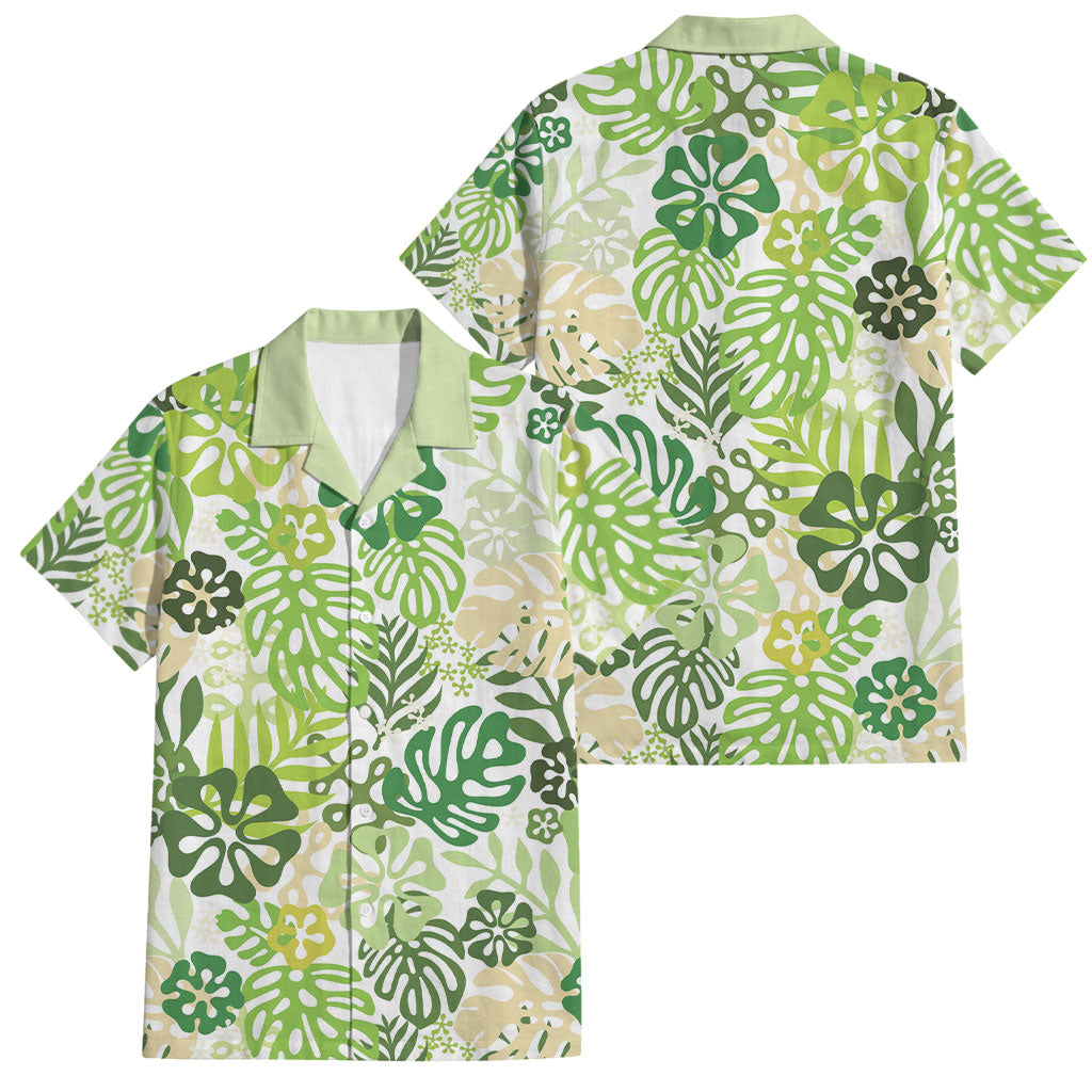 Green Aloha Hawaiian Family Matching Mermaid Dress and Hawaiian Shirt Monstera Hibiscus Tropical Pattern