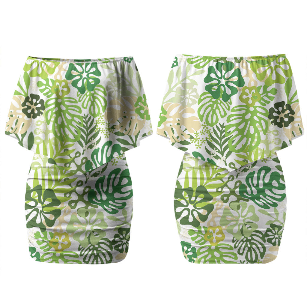 Green Aloha Hawaiian Family Matching Off Shoulder Short Dress and Hawaiian Shirt Monstera Hibiscus Tropical Pattern