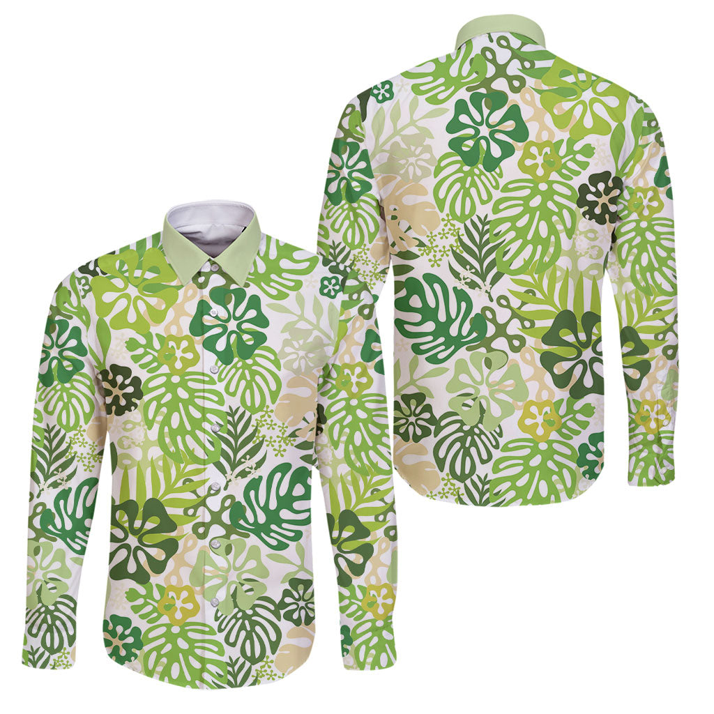 Green Aloha Hawaiian Family Matching Off Shoulder Short Dress and Hawaiian Shirt Monstera Hibiscus Tropical Pattern