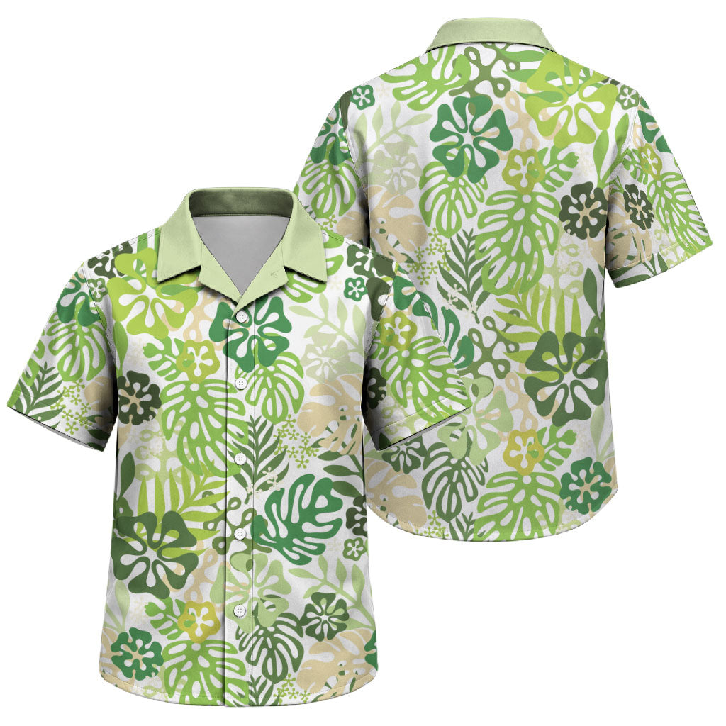 Green Aloha Hawaiian Family Matching Off Shoulder Short Dress and Hawaiian Shirt Monstera Hibiscus Tropical Pattern