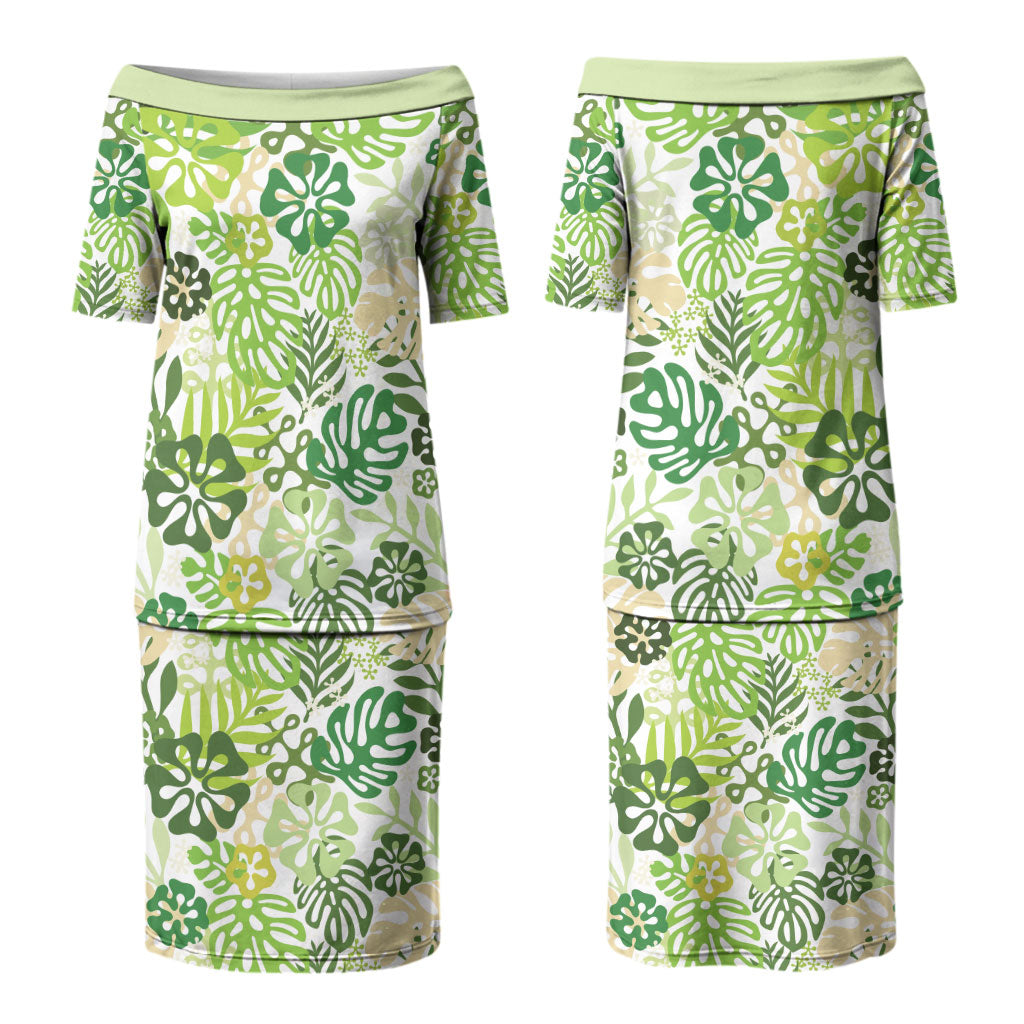 Green Aloha Hawaiian Family Matching Puletasi and Hawaiian Shirt Monstera Hibiscus Tropical Pattern