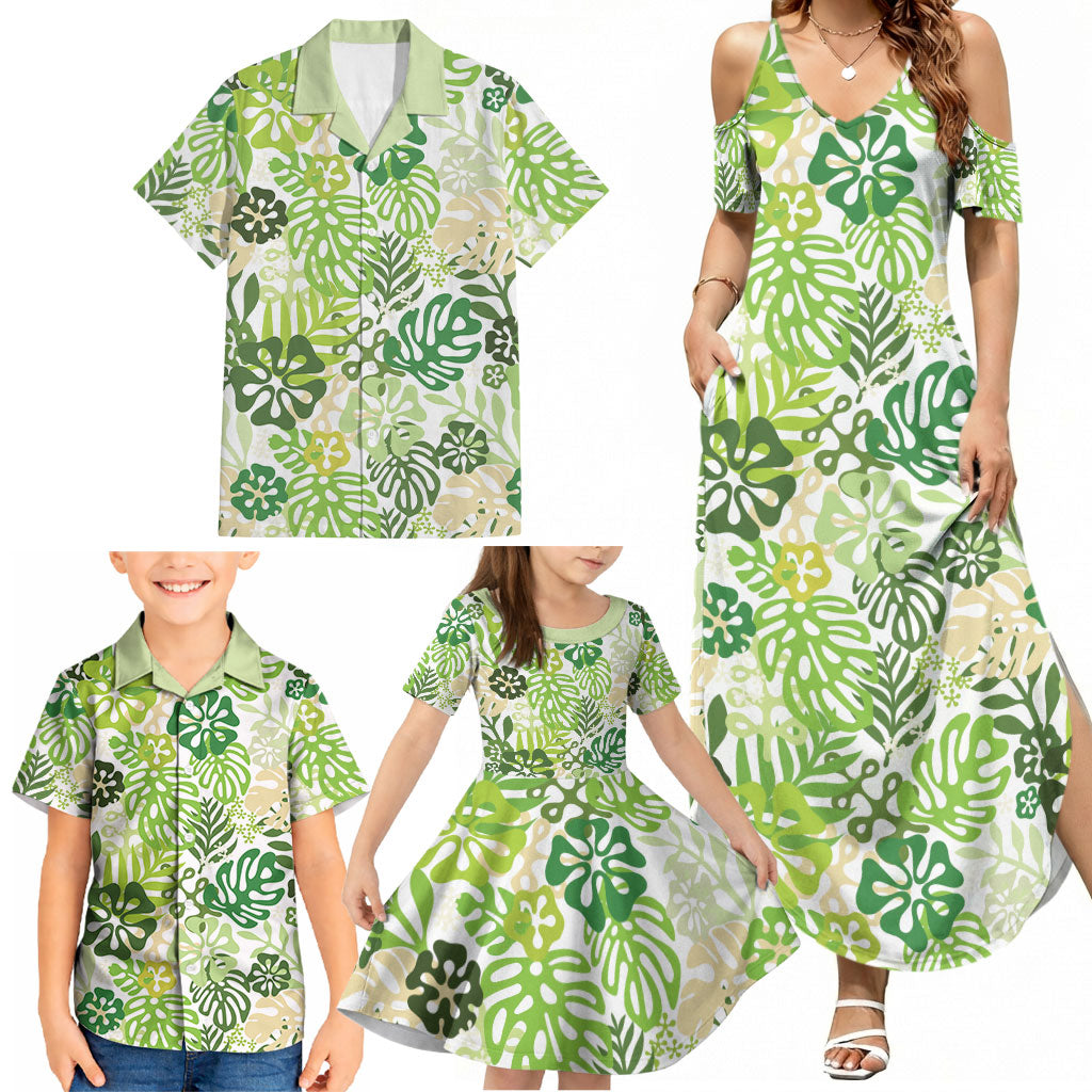 Green Aloha Hawaiian Family Matching Summer Maxi Dress and Hawaiian Shirt Monstera Hibiscus Tropical Pattern