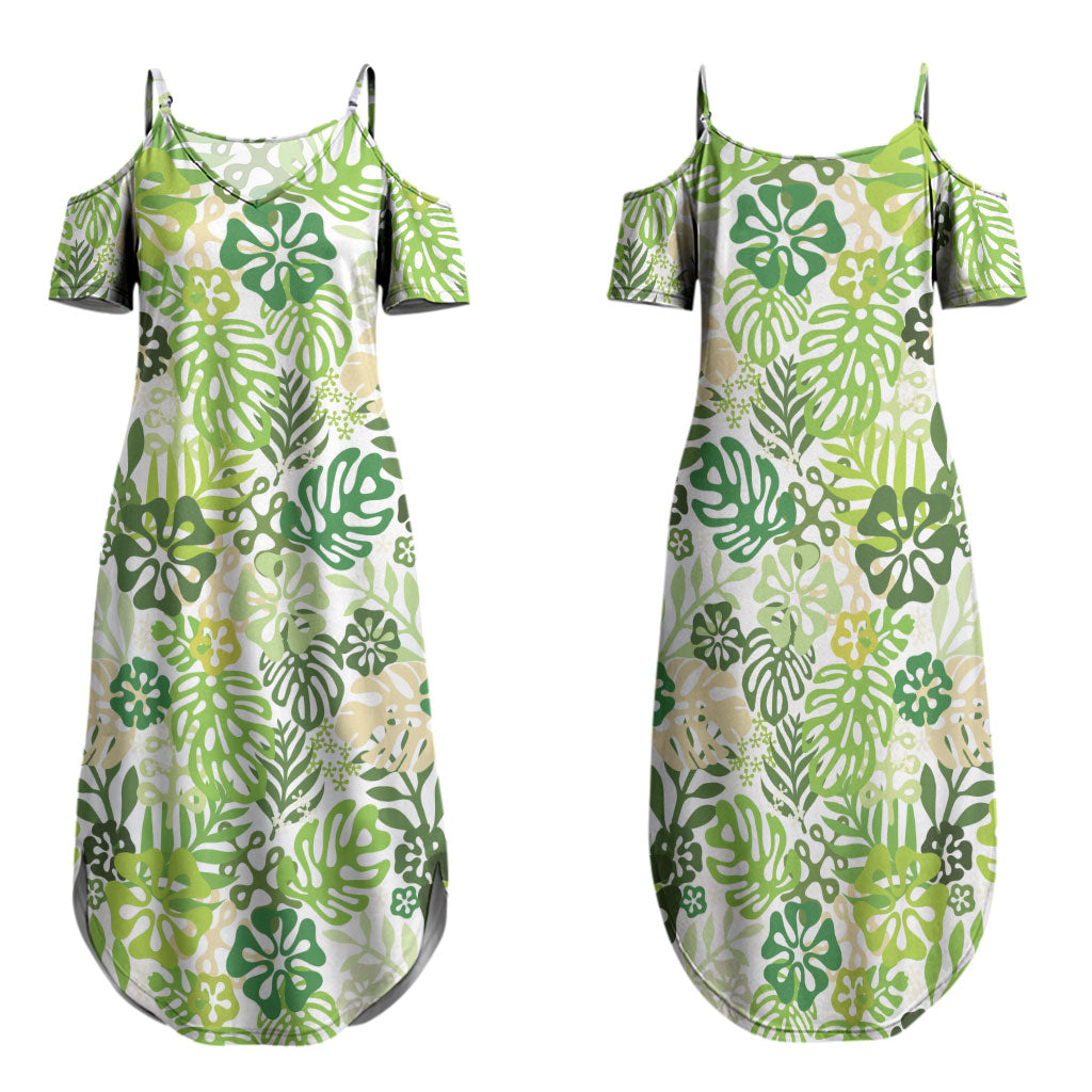 Green Aloha Hawaiian Family Matching Summer Maxi Dress and Hawaiian Shirt Monstera Hibiscus Tropical Pattern
