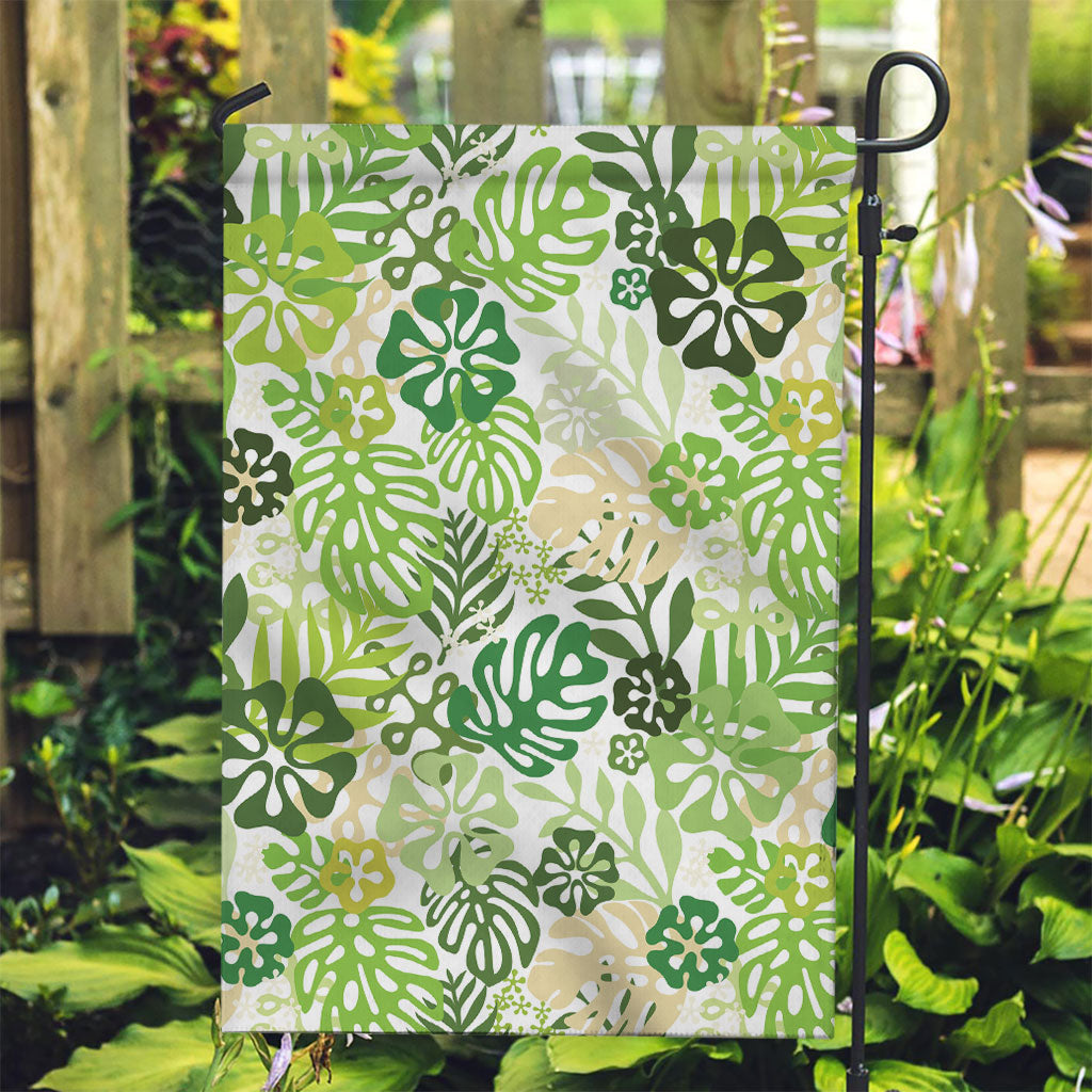 Green Aloha Hawaiian Garden Flag Monstera Hibiscus Tropical Pattern