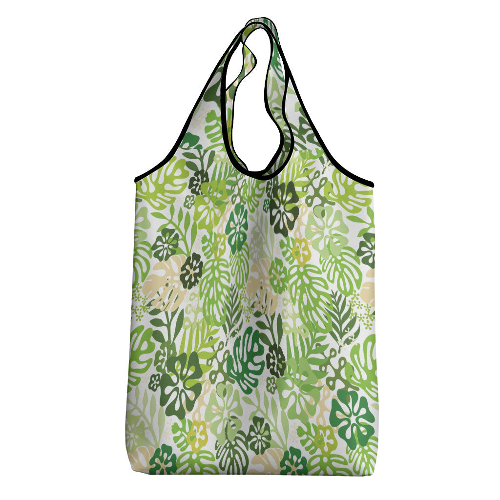 Green Aloha Hawaiian Grocery Bag Monstera Hibiscus Tropical Pattern