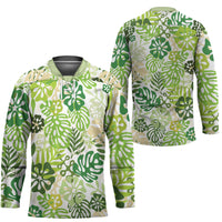 Green Aloha Hawaiian Hockey Jersey Monstera Hibiscus Tropical Pattern