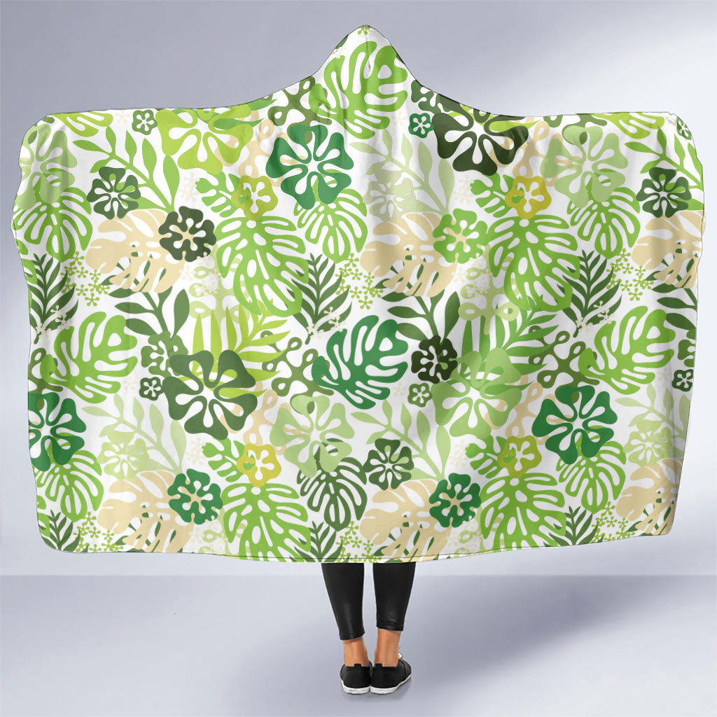 Green Aloha Hawaiian Hooded Blanket Monstera Hibiscus Tropical Pattern LT19 One Size Green - Polynesian Pride