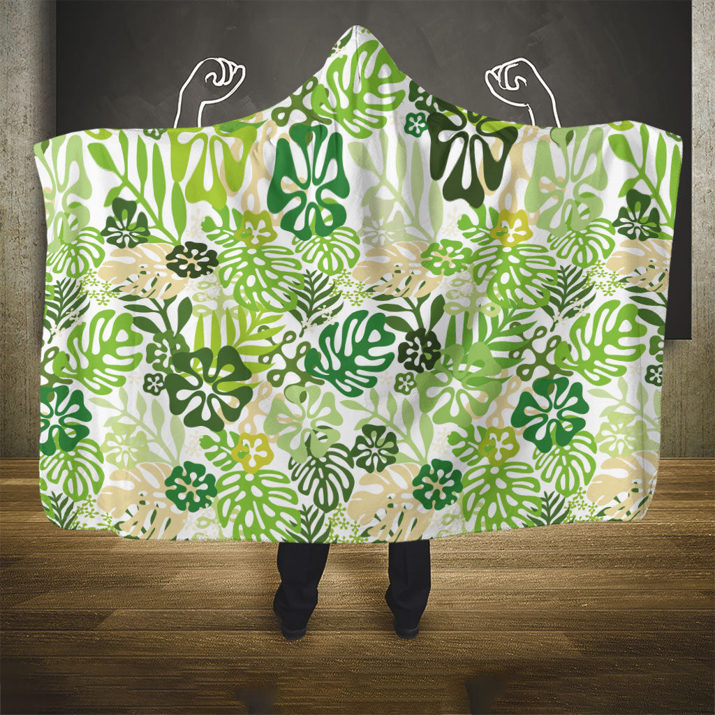 Green Aloha Hawaiian Hooded Blanket Monstera Hibiscus Tropical Pattern
