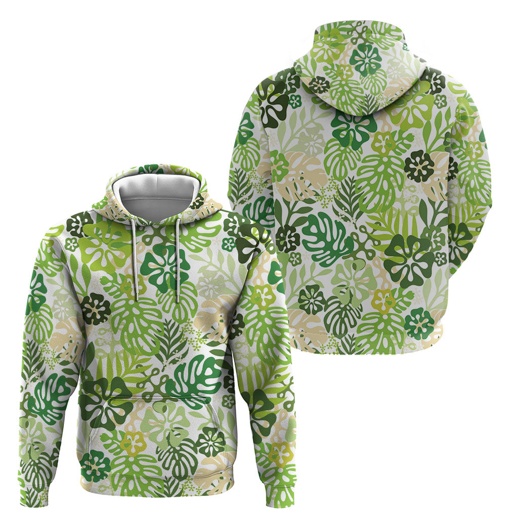 Green Aloha Hawaiian Hoodie Monstera Hibiscus Tropical Pattern