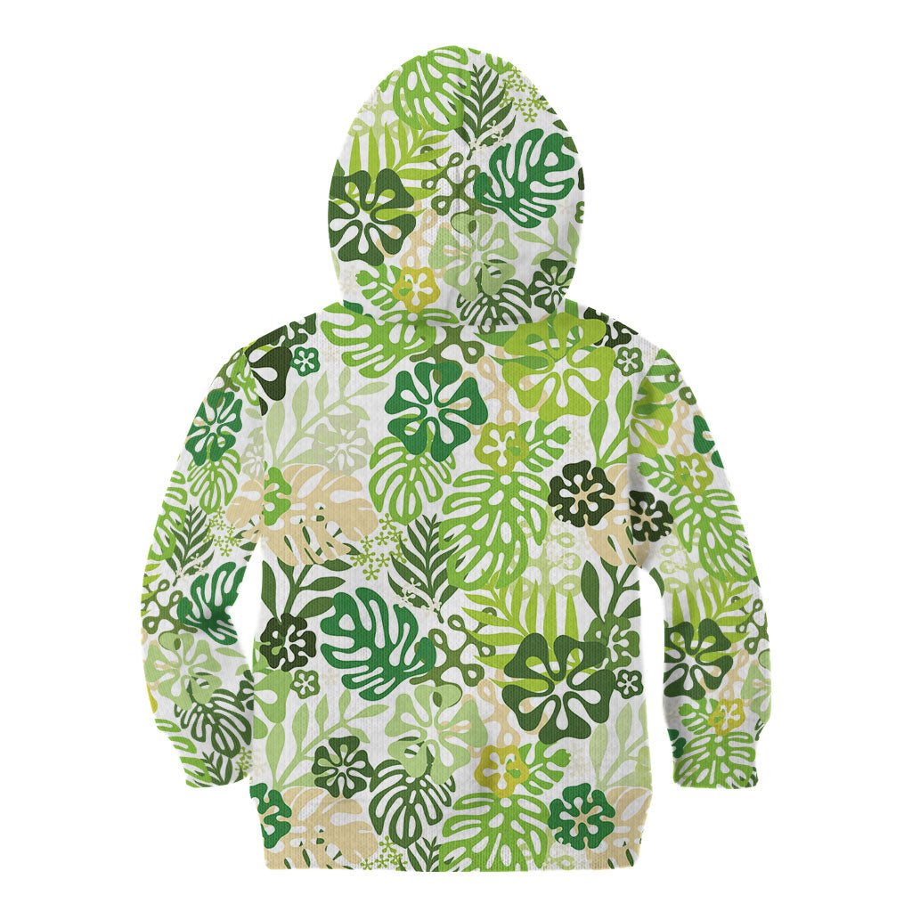 Green Aloha Hawaiian Kid Hoodie Monstera Hibiscus Tropical Pattern