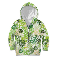 Green Aloha Hawaiian Kid Hoodie Monstera Hibiscus Tropical Pattern