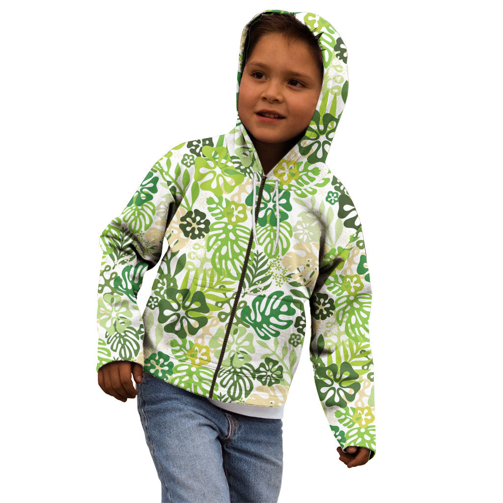 Green Aloha Hawaiian Kid Hoodie Monstera Hibiscus Tropical Pattern