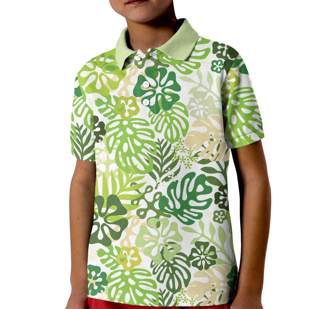 Green Aloha Hawaiian Kid Polo Shirt Monstera Hibiscus Tropical Pattern