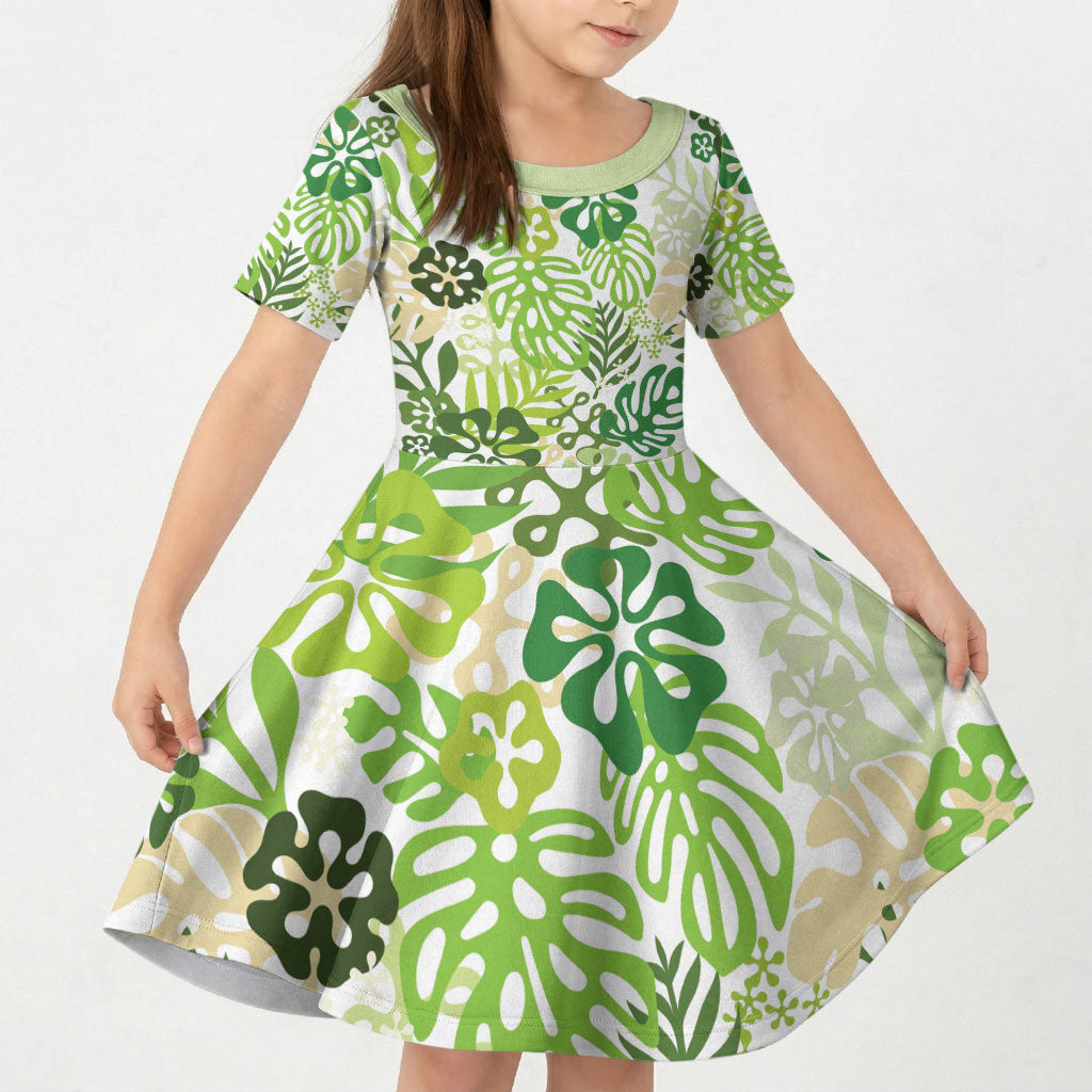 Green Aloha Hawaiian Kid Short Sleeve Dress Monstera Hibiscus Tropical Pattern