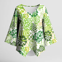 Green Aloha Hawaiian Kimono Sleeve Blouse Monstera Hibiscus Tropical Pattern