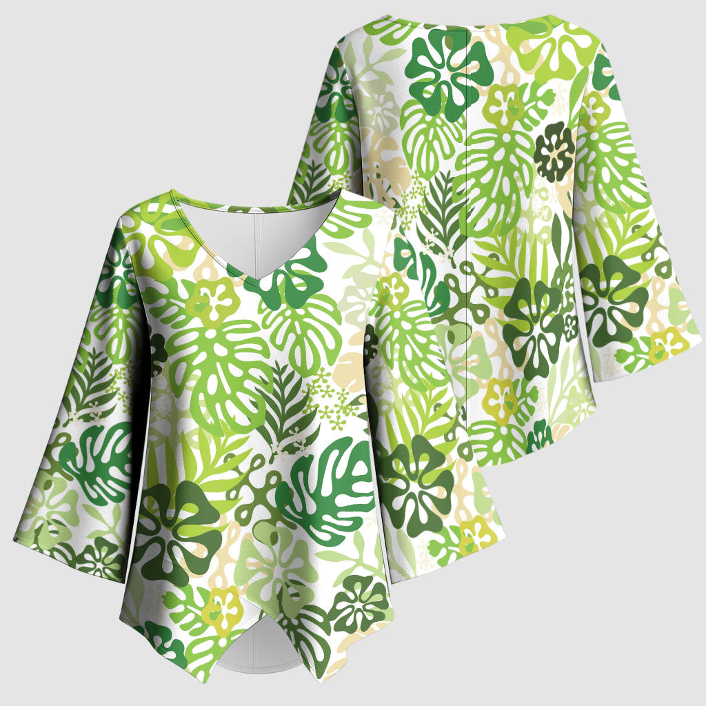 Green Aloha Hawaiian Kimono Sleeve Blouse Monstera Hibiscus Tropical Pattern