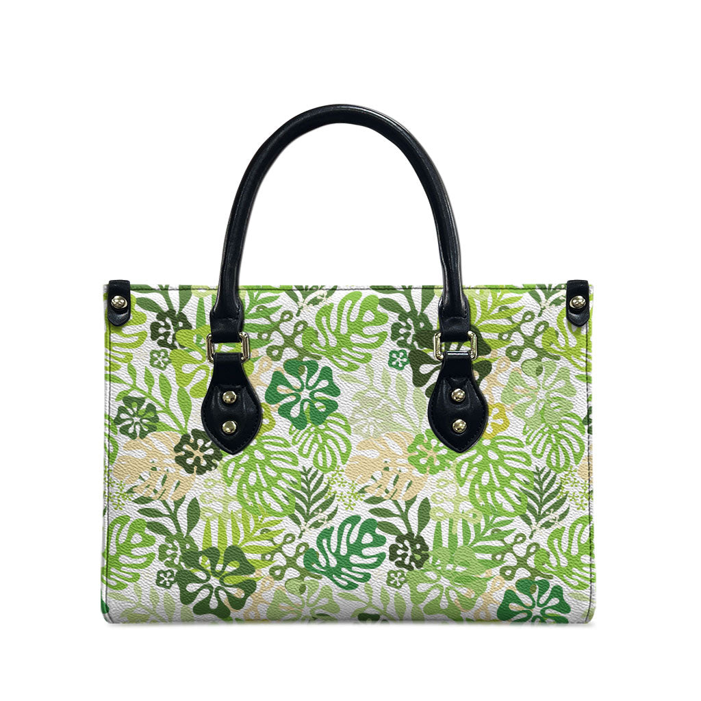 Green Aloha Hawaiian Leather Bag Monstera Hibiscus Tropical Pattern