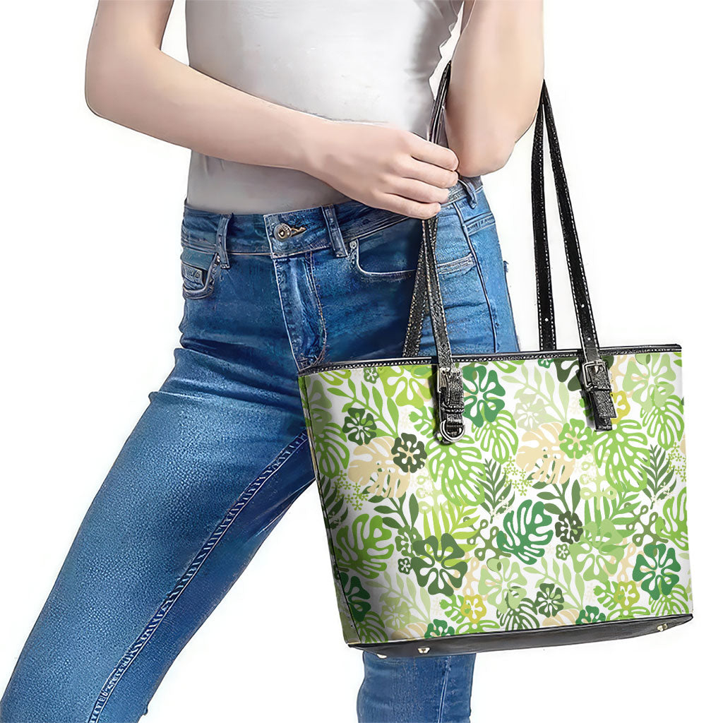 Green Aloha Hawaiian Leather Tote Bag Monstera Hibiscus Tropical Pattern
