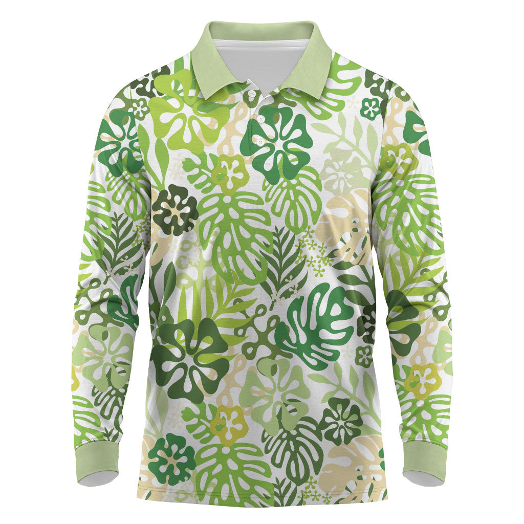 Green Aloha Hawaiian Long Sleeve Polo Shirt Monstera Hibiscus Tropical Pattern