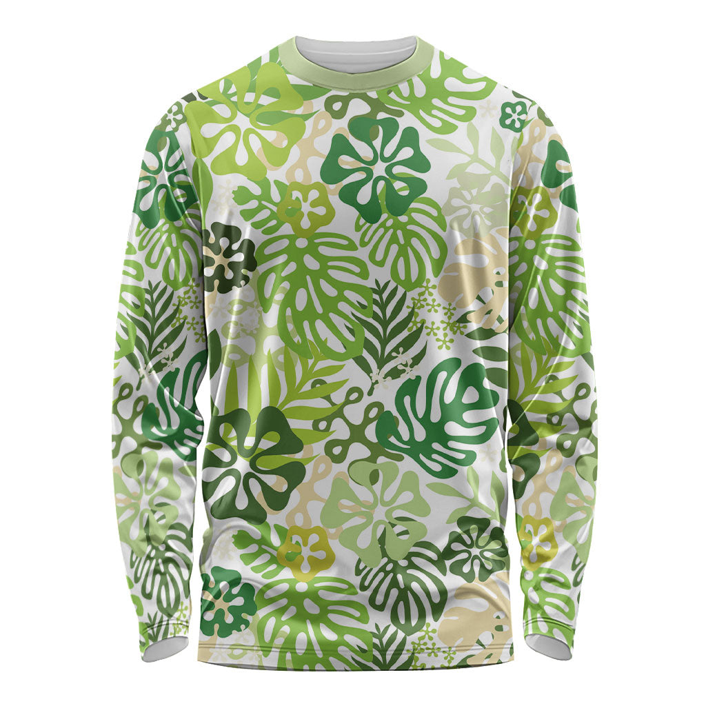 Green Aloha Hawaiian Long Sleeve Shirt Monstera Hibiscus Tropical Pattern
